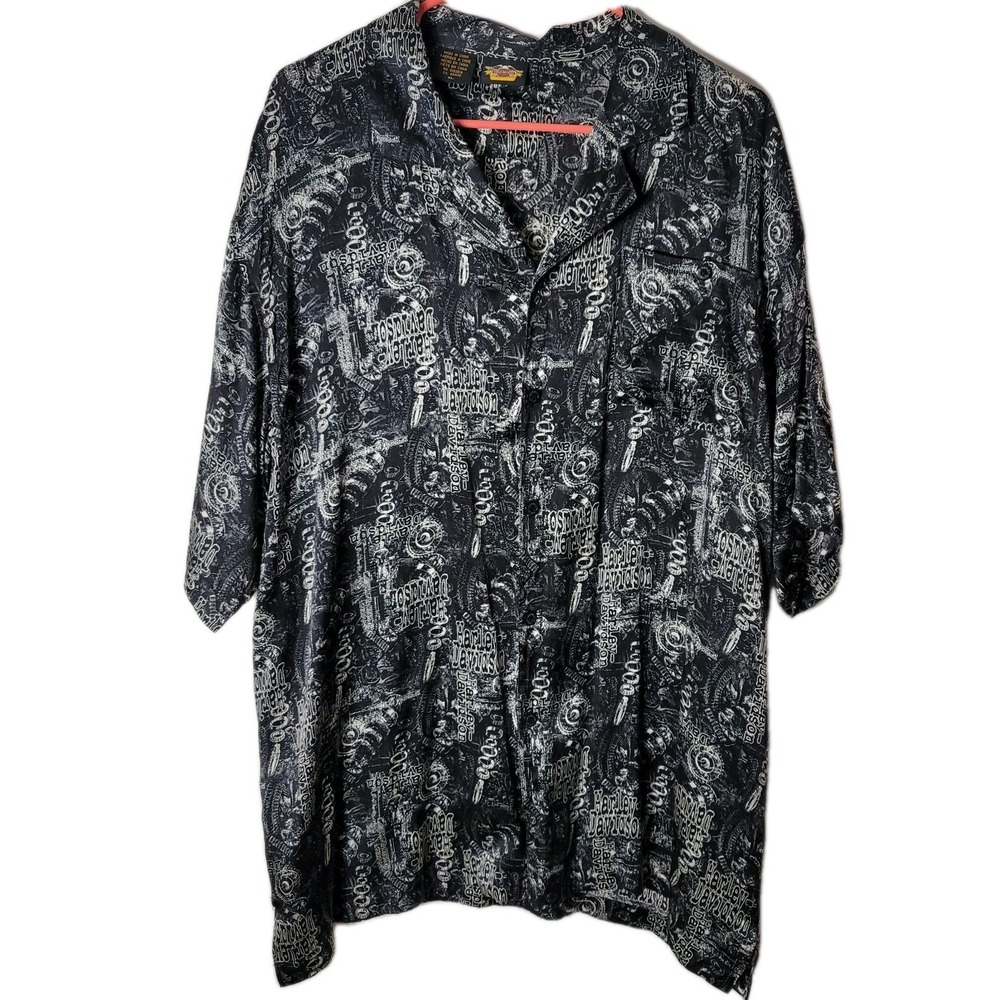 Harley Davidson Mens XL Silk Black‎ White Button Short Sleeve Biker Graphics
